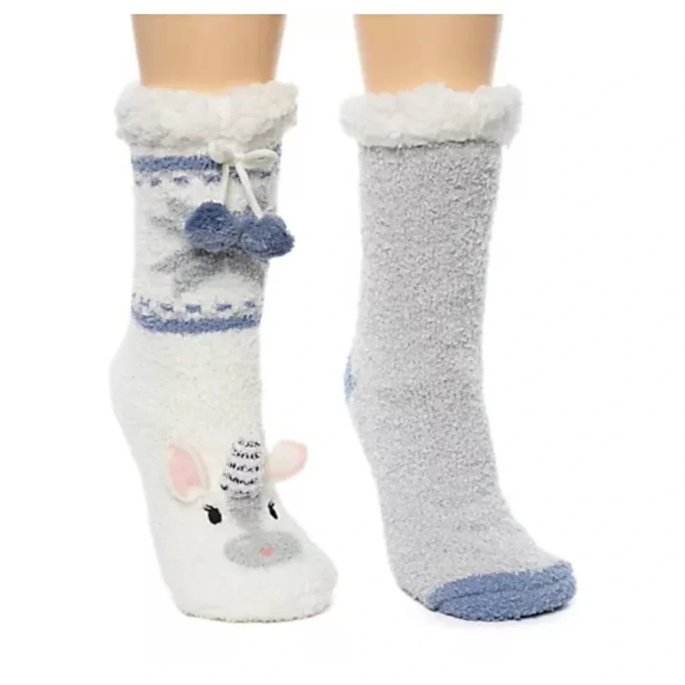 Cuddl Duds Unicorn Slipper Socks Critter 2-Pack Sherpa Lined Pom Poms Size 4-10